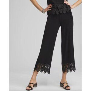 Chicos Travelers Womens Small Black Lace Trim Cropped Pants Stretch Slinky Knit